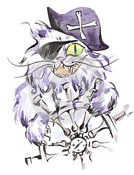 Watercolor pirate cat. Stylized sailor cat with corsair hat, eye patch and steering wheel.