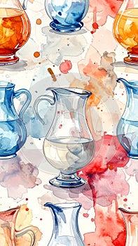 Watercolor Pitchers and Drinks Seamless Pattern