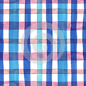 Bright pastel pink and blue plaid checkered seamless pattern. Watercolor stripes and lines on white background. Kilt print for