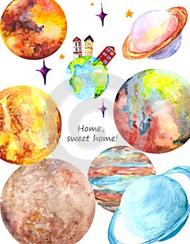Watercolor planet Earth, our home surrounded by other planets of the solar system: Saturn, Mars, Venus, mercury, Neptune and Uranu