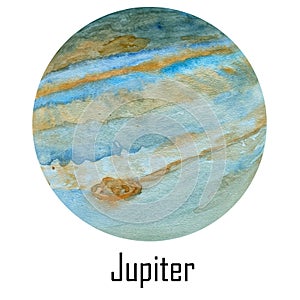 Watercolor planet Jupiter isolated on white. Jupiter Illustration