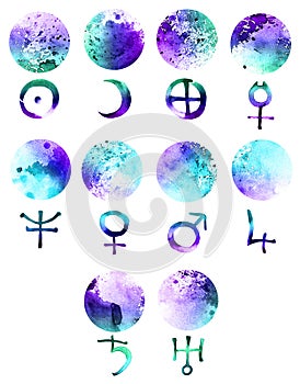 Watercolor planet symbols