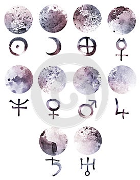 Watercolor planet symbols