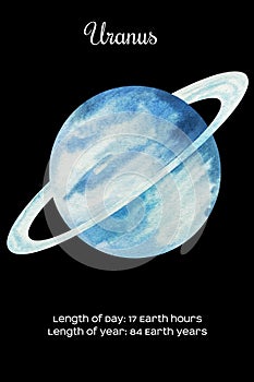 Watercolor planet Uranus isolated on dark black background. Uranus Illustration