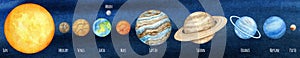 Watercolor planets of the solar system. Outer Space planet Mercury Venus Earth Mars Jupiter Saturn Uranus Neptune Pluto