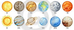 Watercolor planets of the solar system. Outer Space planet Mercury Venus Earth Mars Jupiter Saturn Uranus Neptune Pluto