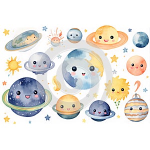 watercolor planets in space, vector illustration, white background for kids