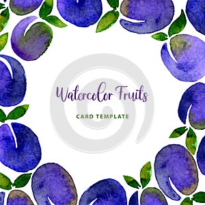 Watercolor Plum blue purple fruit berry frame round border card. Modern color trendy template for label, banner, card design,