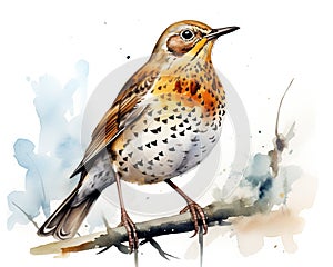 watercolor pnted song thrush bird on a white background.