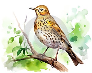 watercolor pnted song thrush bird on a white background.