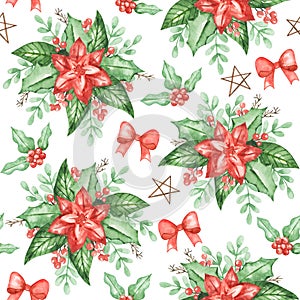 Watercolor Poinsettia seamless pattern, Merry Christmas background, Watercolor New Year ornament, winter textile pattern design photo