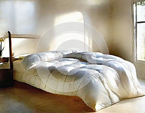 Watercolor of polished goose down comforter on a glass table