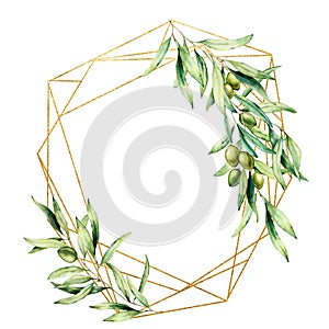Watercolor polygonal golden frame with olive tree branch, green olives and leaves. Hand drawn floral label isolated on