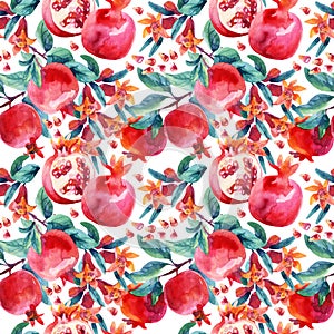 Watercolor pomegranate bloom branches and fruit seamless pattern