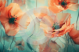 Watercolor poppies, floral illustration, orange flowers on aquamarine background. Colorful abstract design backdrop.