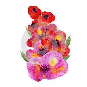 Watercolor poppies flowers bouquet composition vertical poppy