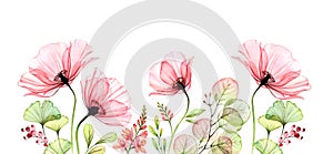 Watercolor Poppy bottom border. Horizontal floral background. Abstract pink flowers with leaves on white. Botanical