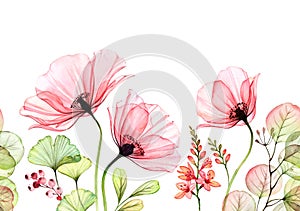 Watercolor Poppy seamless border. Horizontal repetitive pattern. Abstract pink flowers with leaves and fresia branches