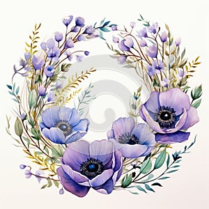 Watercolor Poppy Wreath With Pressed Lavender Flowers 8k Resolution