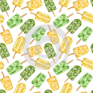 Watercolor popsicle seamless pattern. Hand drawn fresh yellow and green ice cream pops isolated on white background