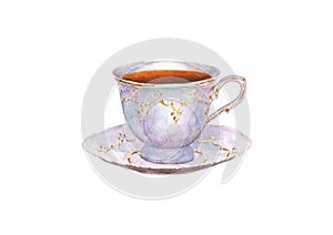 Watercolor porcelain cup of tea and saucer isolated on white background