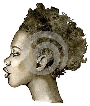 Watercolor portrait of an African American woman with short hair  on the white background. Black lives matter.