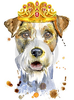 Watercolor portrait of airedale terrier dog with crown