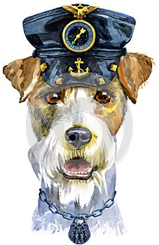 Watercolor portrait of airedale terrier dog in leather cap