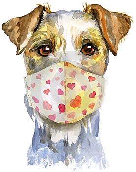 Watercolor portrait of airedale terrier dog in medical face mask