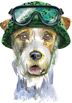 Watercolor portrait of airedale terrier dog in military tactical helmet