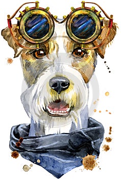 Watercolor portrait of airedale terrier dog with steampunk glasses