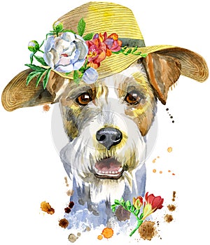 Watercolor portrait of airedale terrier dog with summer hat