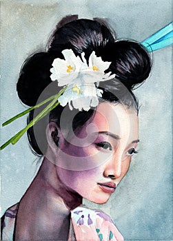 Watercolor portrait of an asian girl in a traditional japanese kimono