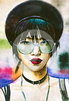 Watercolor portrait asian young woman. Hand drawn portrait of beauty girl. fashion illustration of modern style