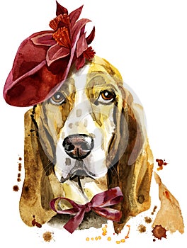 Watercolor portrait of basset hound in red hat