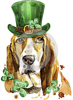 Watercolor portrait of basset hound wearing a leprechaun hat with clover leaves