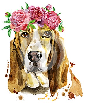 Watercolor portrait of basset hound with wreath of flowers