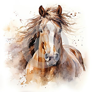 Watercolor portrait of a bay horse with long mane. Digital painting AI generated Generative AI
