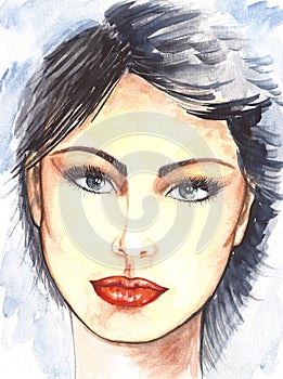 Watercolor portrait of beautiful fashion woman