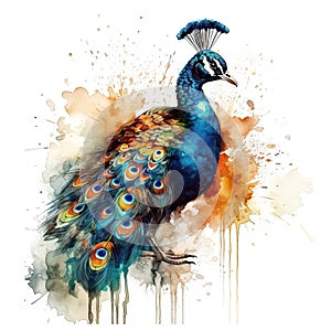 Watercolor portrait of a beautiful peacock in colorful, bright, vibrant, and trippy colors