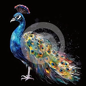 Watercolor portrait of a beautiful peacock in colorful, bright, vibrant, and trippy colors