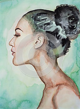 Watercolor portrait of beautiful young woman, profile. Beautiful artwork of pretty lady.