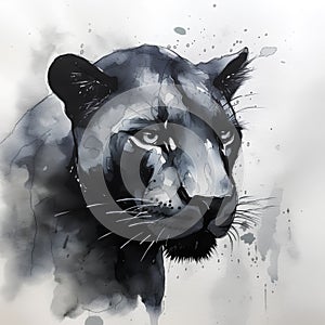 Watercolor portrait of a black panther on a white background.