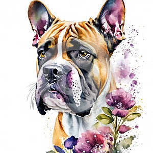 Watercolor portrait of a boxer dog with flowers on a white background AI Generated animal ai