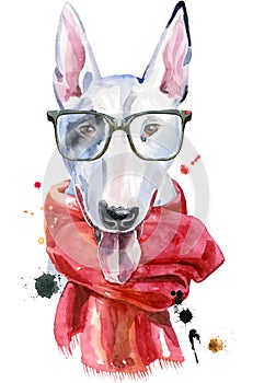 Watercolor portrait of bull terrier with glasses and a red scarf