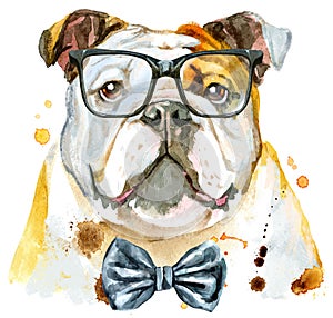 Watercolor portrait of bulldog with bow-tie and glasses