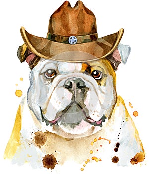 Watercolor portrait of bulldog with cowboy hat