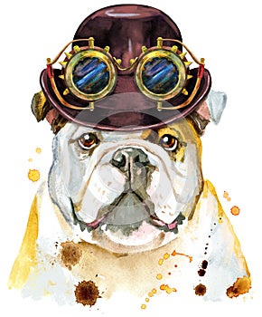 Watercolor portrait of bulldog with hat bowler and steampunk glasses