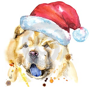 Watercolor portrait of chow-chow dog with Santa hat