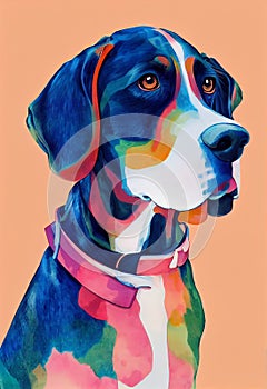 Watercolor portrait of cute American English Coonhound dog.